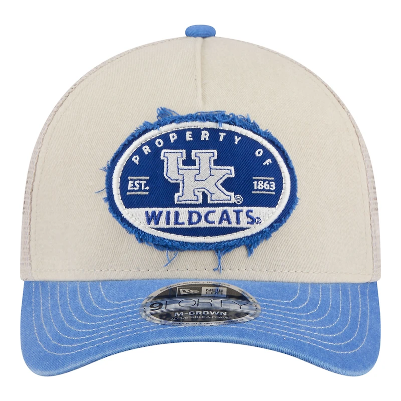 Men's New Era Stone/Royal Kentucky Wildcats Frayed Patch 9FORTY M-Crown A-Frame Trucker Adjustable Hat