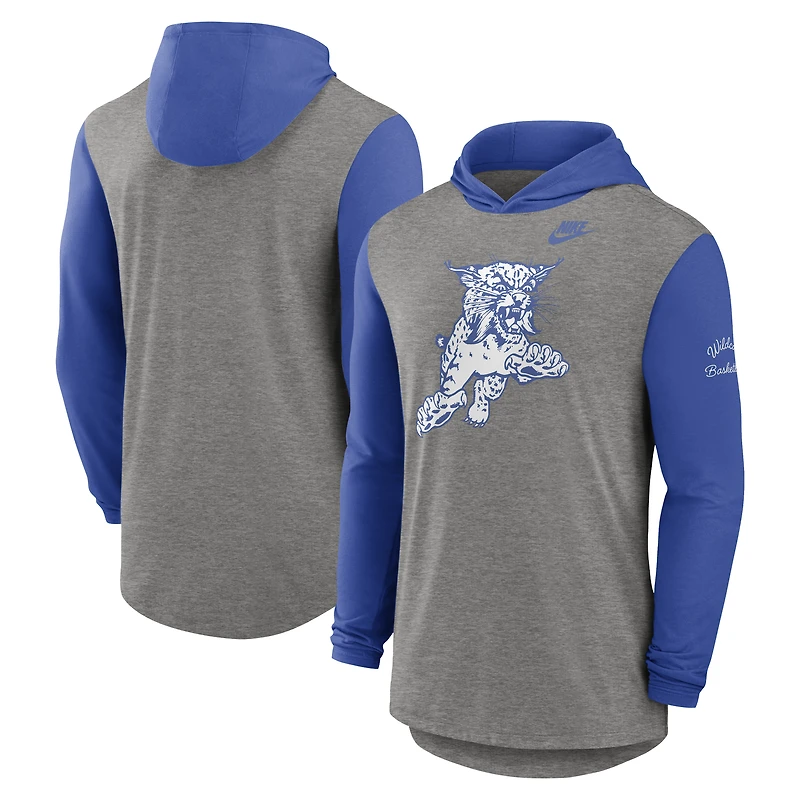 Men's Nike Heather Gray/Royal Kentucky Wildcats Campus Legacy Tri-Blend Long Sleeve Hooded T-Shirt