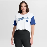 T-shirt court Nike Dri-FIT pour femme, blanc/bleu royal, avec inscription en blocs de couleurs des Wildcats du Kentucky