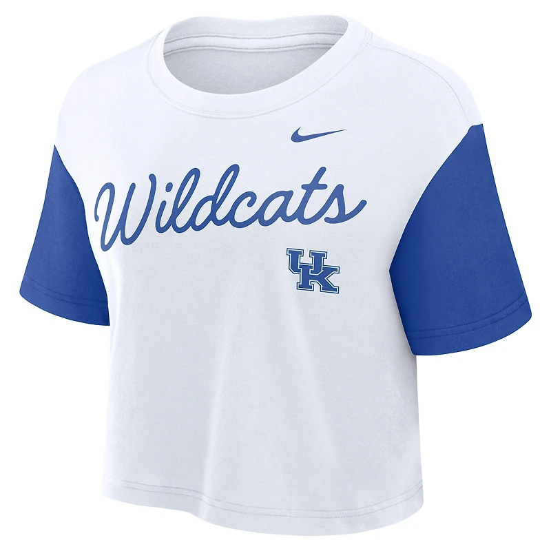 Women's Nike White/Royal Kentucky Wildcats Color-Block Script Dri-FIT Cropped T-Shirt