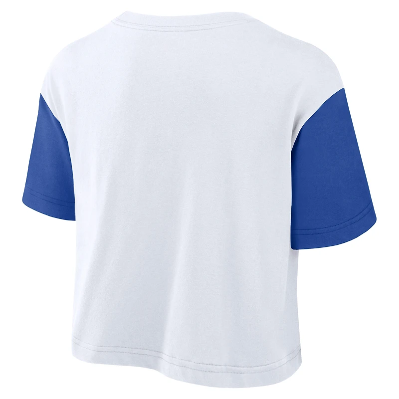 T-shirt court Nike Dri-FIT pour femme, blanc/bleu royal, avec inscription en blocs de couleurs des Wildcats du Kentucky