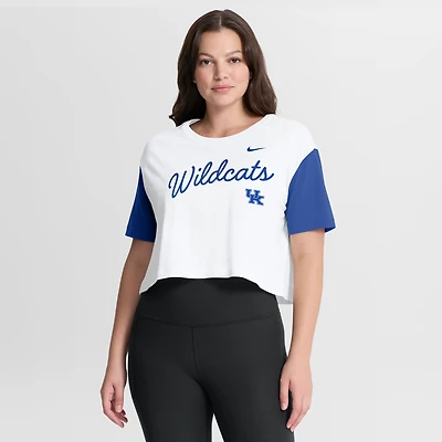 Women's Nike White/Royal Kentucky Wildcats Color-Block Script Dri-FIT Cropped T-Shirt