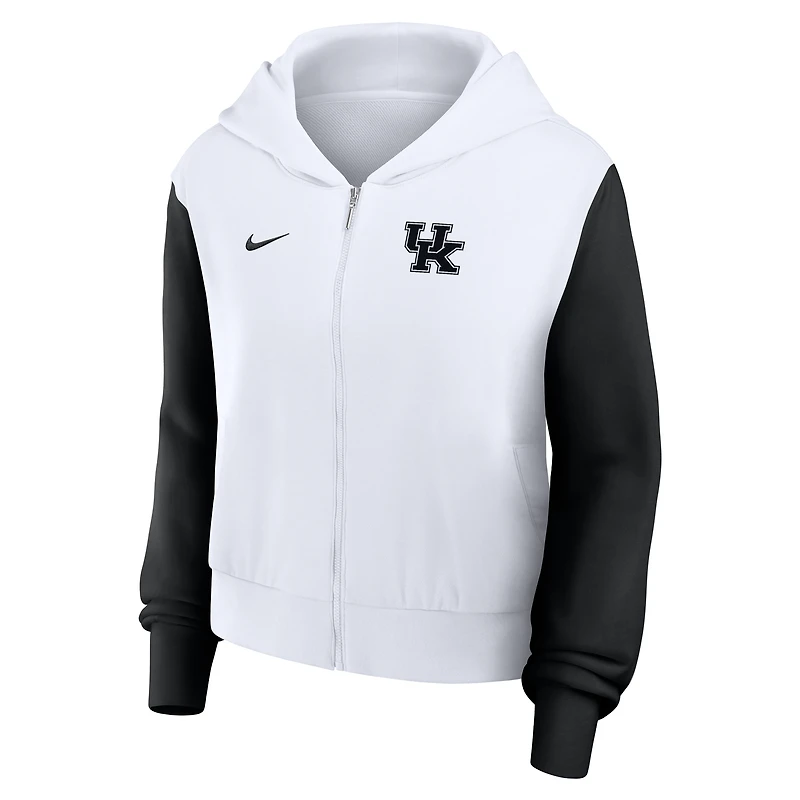Sweat à capuche court Nike blanc Kentucky Wildcats imprimé color-block pour femme, entièrement zippé
