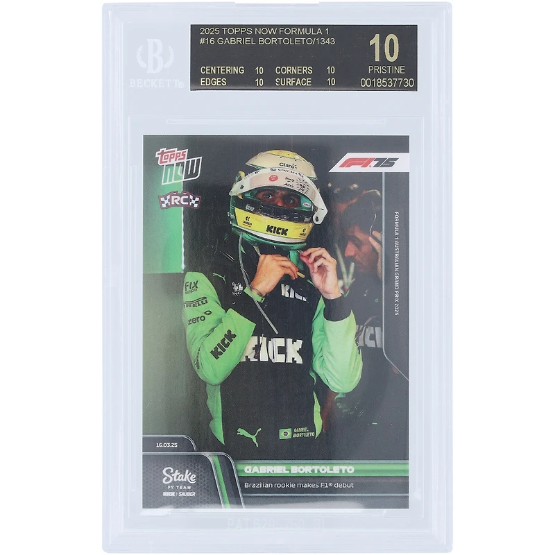 Carte de recrue Gabriel Bortoleto Kick Sauber 2025 Topps Now, le jeune Brésilien fait ses débuts en F1. Black Label n° 16, authentifiée BGS 10 - Note de 10/10/10/10.