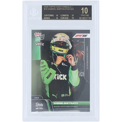 Carte de recrue Gabriel Bortoleto Kick Sauber 2025 Topps Now, le jeune Brésilien fait ses débuts en F1. Black Label n° 16, authentifiée BGS 10 - Note de 10/10/10/10.