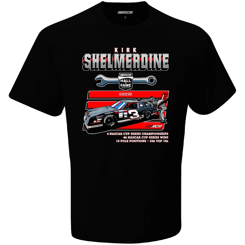 Men's Checkered Flag Black Kirk Shelmerdine NASCAR Hall of Fame Class 2023 Inductee T-Shirt