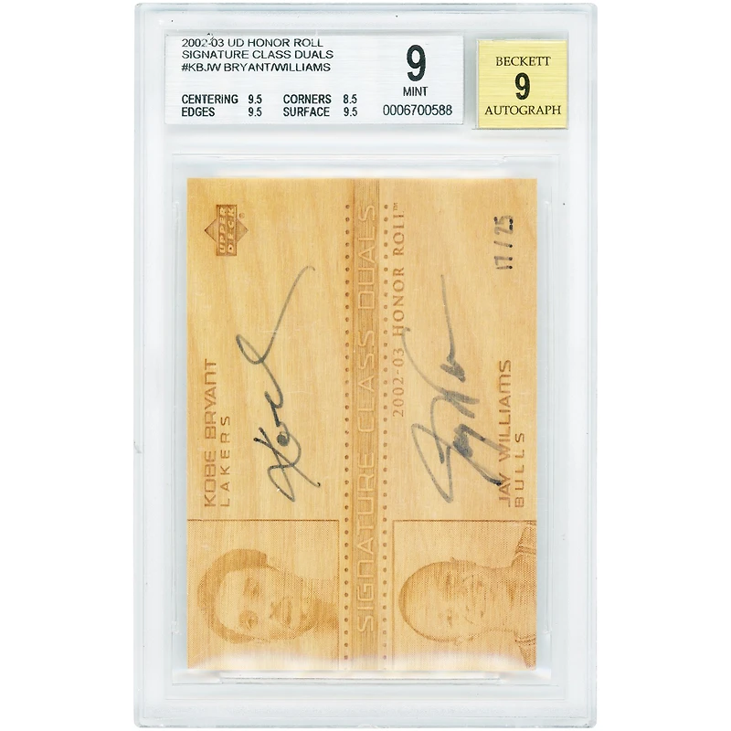 Kobe Bryant & Jay Williams Autographed 2002-03 Upper Deck Honor Roll Wood Signature Class Duals #KB/JW-S #17/25 BGS Authenticated 9/9 Card - 9.5,8.5,9.5,9.5 Subgrades