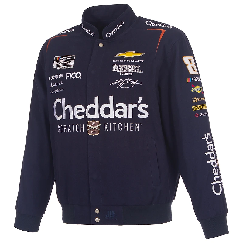 Veste de course en sergé bleu marine Kyle Busch 2026 Cheddars pour homme, modèle JH Design, fermeture à boutons-pression.