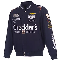 Veste de course en sergé bleu marine Kyle Busch 2026 Cheddars pour homme, modèle JH Design, fermeture à boutons-pression.