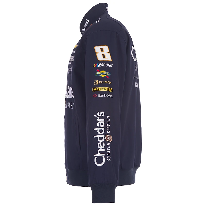 Veste de course en sergé bleu marine Kyle Busch 2026 Cheddars pour homme, modèle JH Design, fermeture à boutons-pression.