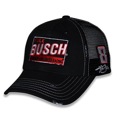 Casquette de camionneur unisexe à carreaux avec patch vintage Kyle Busch noire ajustable