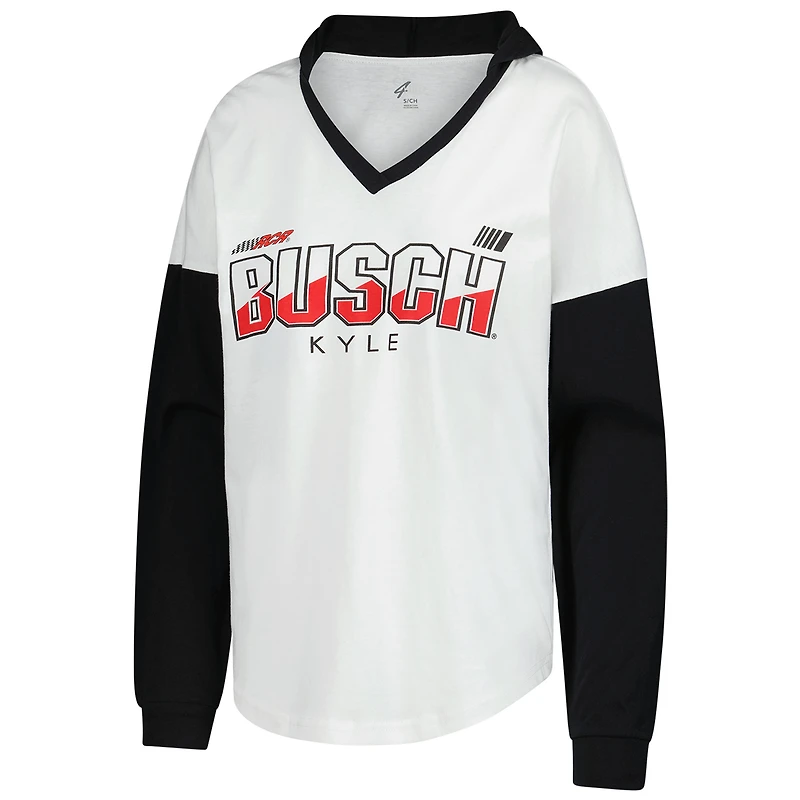 Women's G-III 4Her by Carl Banks White/Black Kyle Busch Bench Player Oversized Long Sleeve Hoodie V-Neck T-Shirt