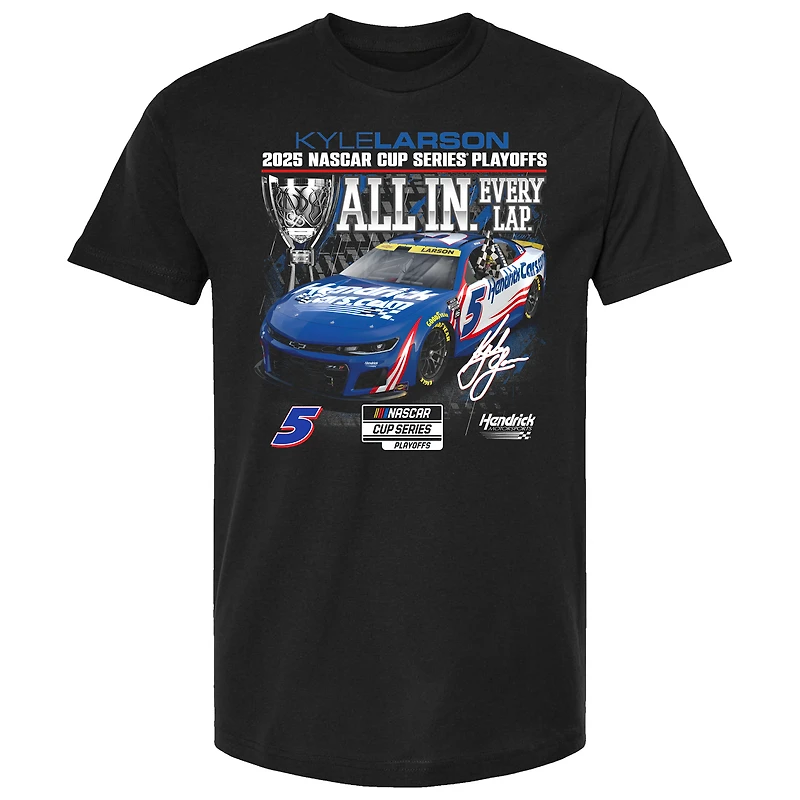 T-shirt noir à damier pour homme Kyle Larson, Series éliminatoires NASCAR Cup 2025, HendrickCars.com