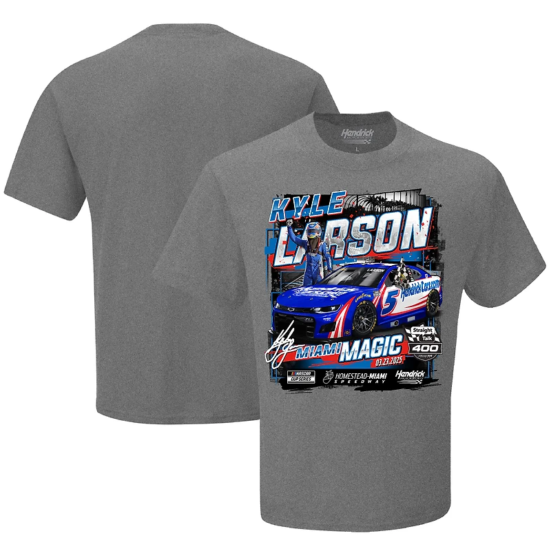 T-shirt à damier pour homme, motif sport, anthracite chiné, Kyle Larson, vainqueur de la course Straight Talk Wireless 400 2025