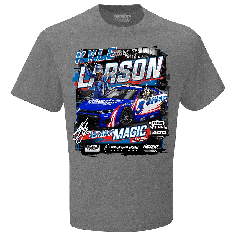 T-shirt à damier pour homme, motif sport, anthracite chiné, Kyle Larson, vainqueur de la course Straight Talk Wireless 400 2025