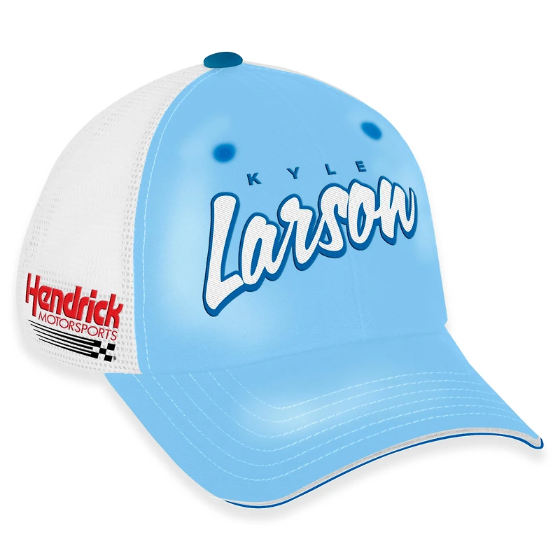 Casquette de camionneur ajustable Kyle Larson Pit Box bleu clair/blanc à damier pour femme
