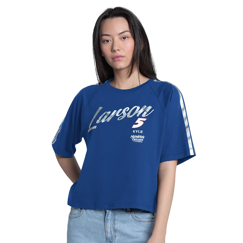 Women's G-III 4Her by Carl Banks Royal Kyle Larson Raglan Cropped Classic Play Silver Trim T-Shirt