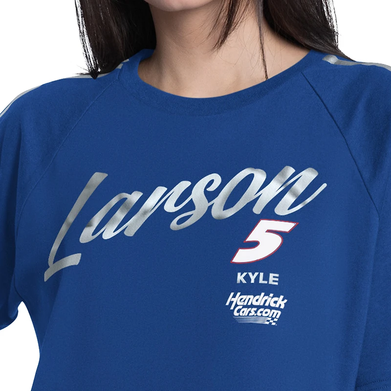 Women's G-III 4Her by Carl Banks Royal Kyle Larson Raglan Cropped Classic Play Silver Trim T-Shirt