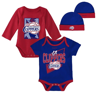 Infant Mitchell & Ness Royal/Red LA Clippers Hardwood Classics Bodysuits Cuffed Knit Hat Set