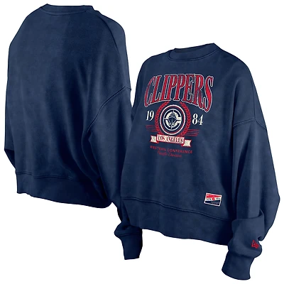 Women's New Era Navy LA Clippers Throwback Vintage Enzyme Wash Oversized Boxy Pullover Sweatshirt