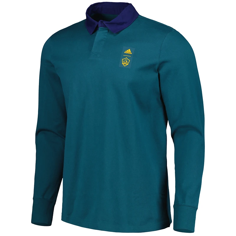 Men's adidas 2023 Player Green LA Galaxy Travel Long Sleeve Polo