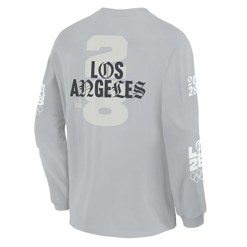 T-shirt à manches longues Fanatics gris LA28 pour homme, coupe oversize, édition spéciale Jeux olympiques d'été.