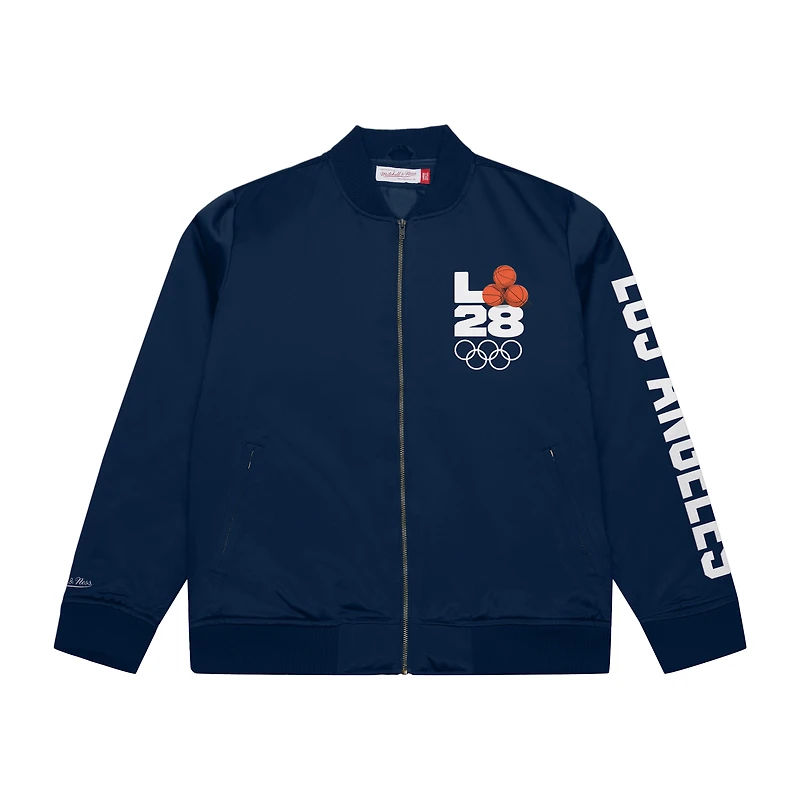 Men's Mitchell & Ness Navy LA28 x NBA All-Star Game Satin Bomber Full-Zip Jacket