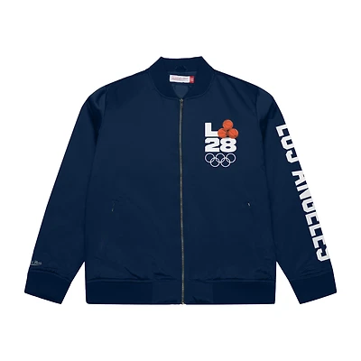 Men's Mitchell & Ness Navy LA28 x NBA All-Star Game Satin Bomber Full-Zip Jacket