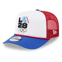 Casquette trucker New Era LA28 Summer Olympics rétro à rayures blanches et rouges, style snapback, modèle 9FIFTY, pour homme.