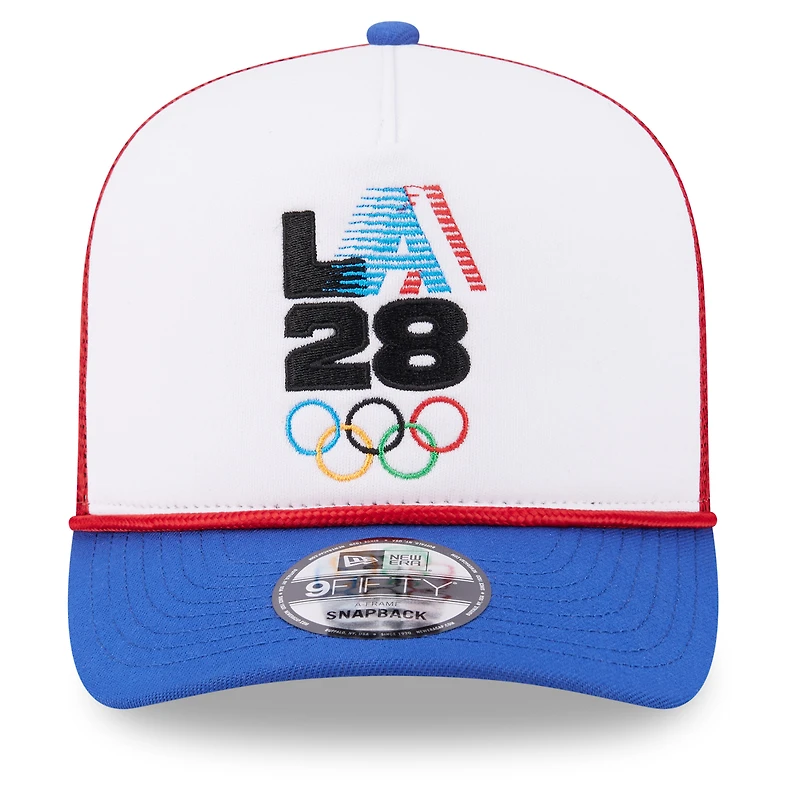 Casquette trucker New Era LA28 Summer Olympics rétro à rayures blanches et rouges, style snapback, modèle 9FIFTY, pour homme.