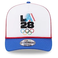 Casquette trucker New Era LA28 Summer Olympics rétro à rayures blanches et rouges, style snapback, modèle 9FIFTY, pour homme.