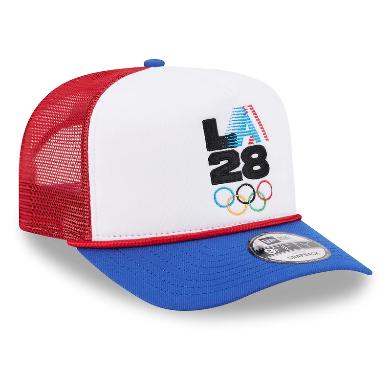 Casquette trucker New Era LA28 Summer Olympics rétro à rayures blanches et rouges, style snapback, modèle 9FIFTY, pour homme.