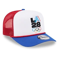 Casquette trucker New Era LA28 Summer Olympics rétro à rayures blanches et rouges, style snapback, modèle 9FIFTY, pour homme.
