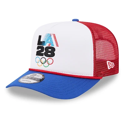 Casquette trucker New Era LA28 Summer Olympics rétro à rayures blanches et rouges, style snapback, modèle 9FIFTY, pour homme.