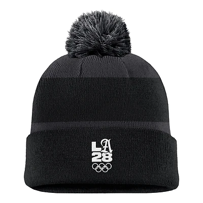 Men's Nike Black LA28 Summer Olympics Script Peak Stripe Cuffed Knit Hat with Pom