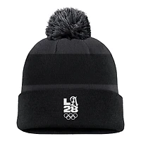 Men's Nike Black LA28 Summer Olympics Script Peak Stripe Cuffed Knit Hat with Pom