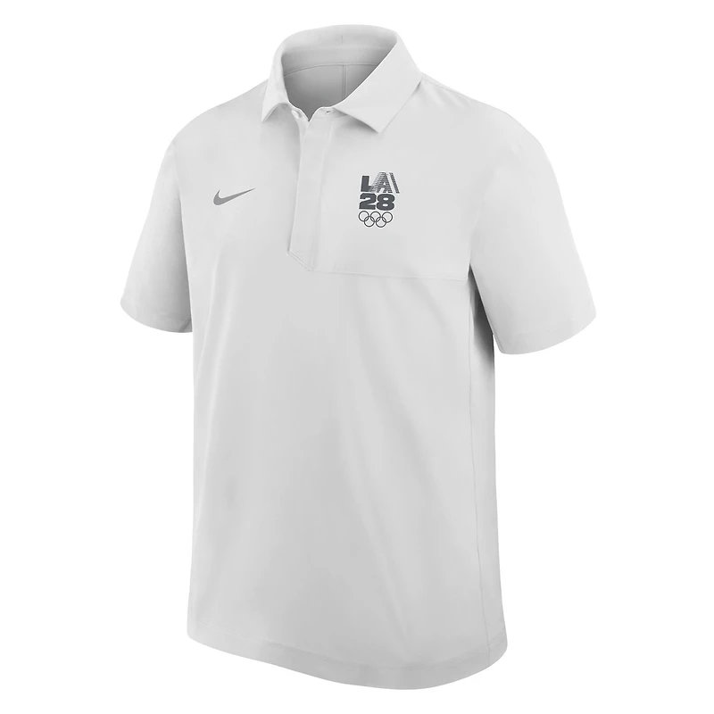 Polo tissé Nike blanc LA28 à rayures rétro pour homme, motif Jeux olympiques d'été