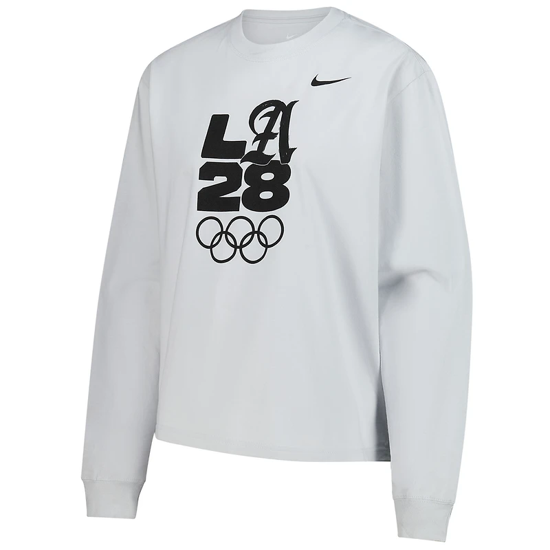 T-shirt Nike gris à manches longues LA28 pour femme, coupe carrée, motif Jeux olympiques d'été