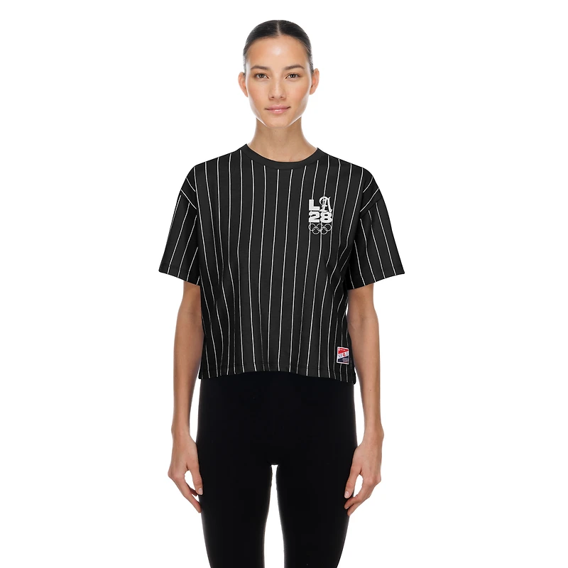 Women's New Era  Black LA 2028 Summer Olympics Mesh Back Pinstripe Boxy T-Shirt