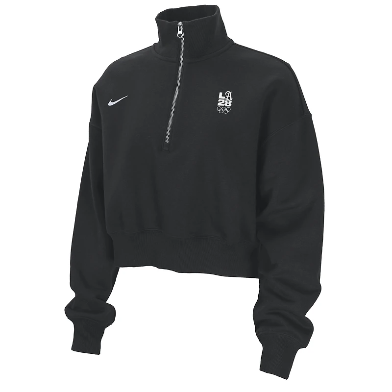 Women's Nike Black LA28 Summer Olympics Phoenix Oversized Fleece Half-Zip Cropped Sweatshirt