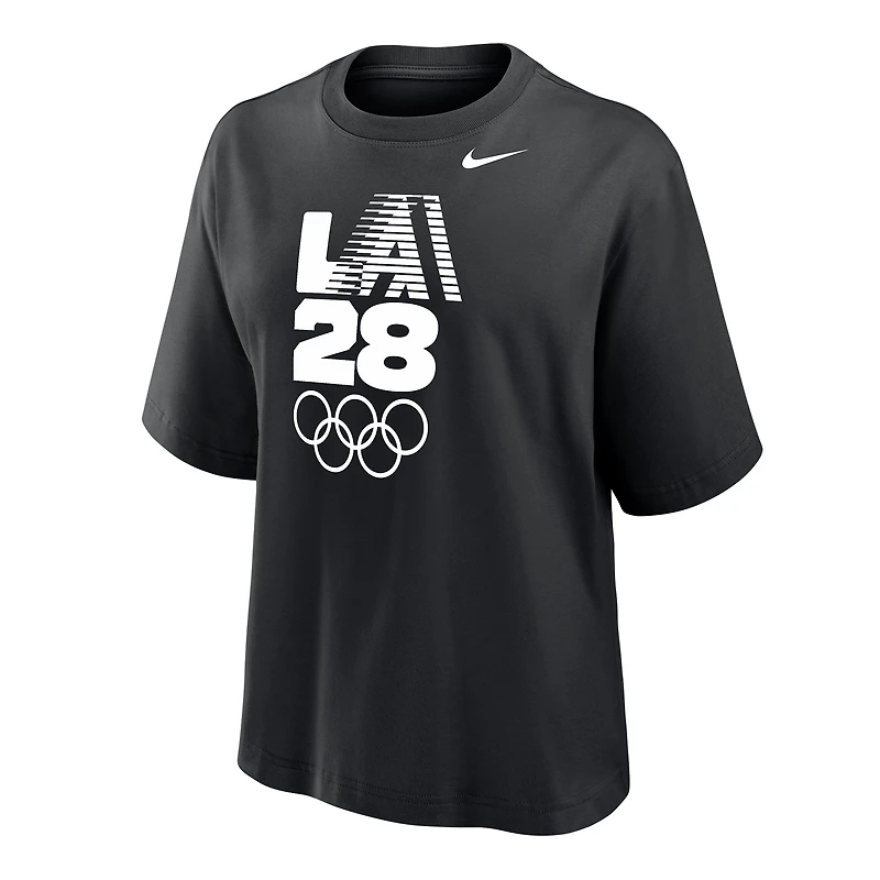 T-shirt Nike noir à rayures rétro pour femme, coupe boxy, logo des Jeux olympiques d'été LA28