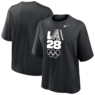 T-shirt Nike noir à rayures rétro pour femme, coupe boxy, logo des Jeux olympiques d'été LA28