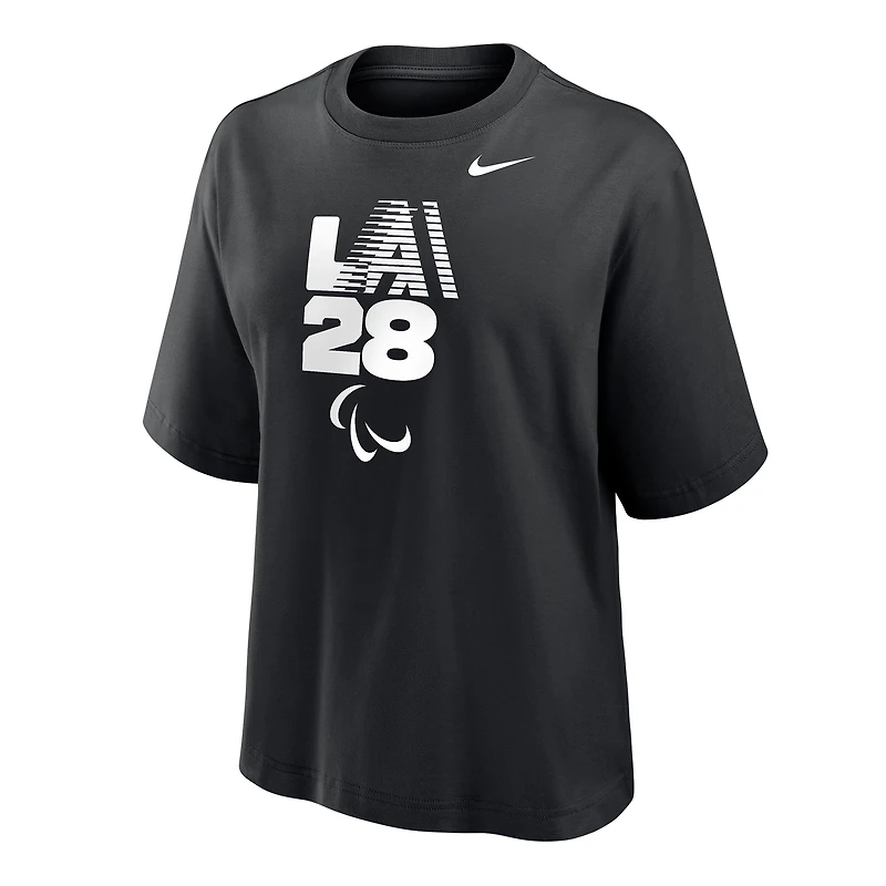 Women's Nike Black LA28 Summer Paralympics Retro Stripe Logo Boxy T-Shirt