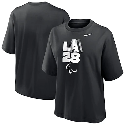 T-shirt Nike LA28 noir pour femme, coupe carrée, logo rétro à rayures, Jeux paralympiques d'été