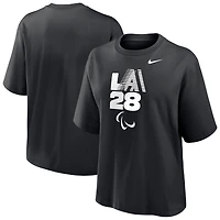 T-shirt Nike LA28 noir pour femme, coupe carrée, logo rétro à rayures, Jeux paralympiques d'été