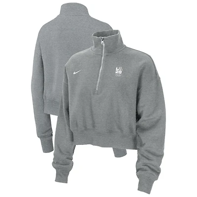 Sweat-shirt court surdimensionné en polaire à demi-zip Nike gris chiné LA28 pour femme, Jeux olympiques d'été Phoenix