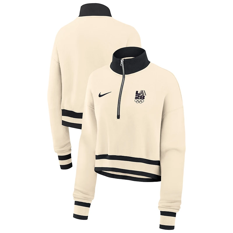 Women's Nike Natural LA28 Summer Olympics Phoenix Oversized Fleece Half-Zip Cropped Sweatshirt
