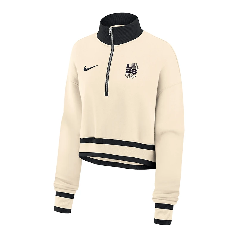 Sweat-shirt court surdimensionné en polaire à demi-zip Nike Natural LA28 pour femme, motif Jeux olympiques d'été Phoenix