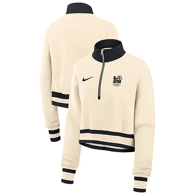 Women's Nike Natural LA28 Summer Olympics Phoenix Oversized Fleece Half-Zip Cropped Sweatshirt