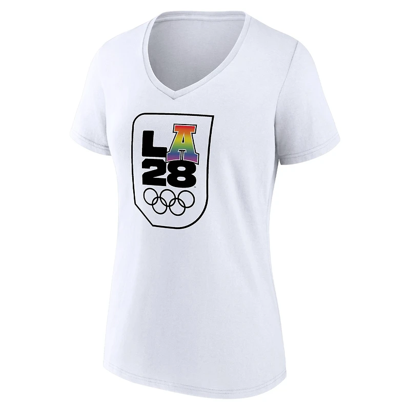 Women's White LA 2028 Summer Olympics Pride V-Neck T-Shirt